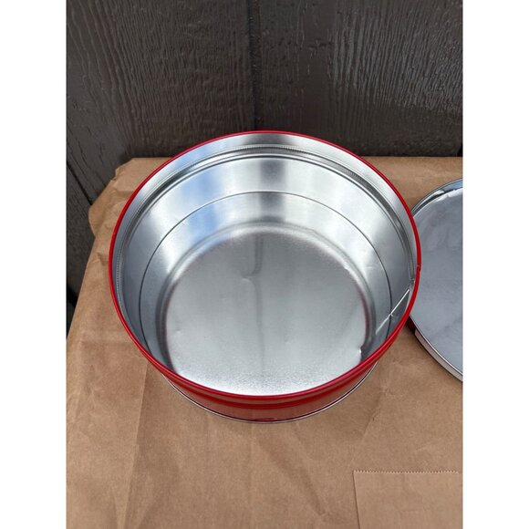 Vintage Red Holiday Tin With Poinsettias & Candle 8" D Winter Christmas - Picture 8 of 8